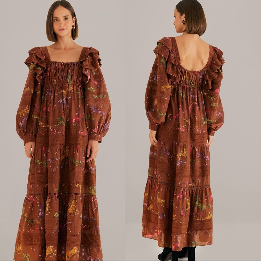 Farm Rio Western Bohemian Brown Dotted Horse Horses Ruffle Maxi Dress Size XL